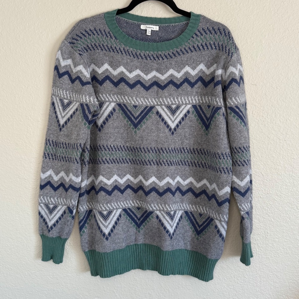 JODIFL Womens Large Gray Fair Isle Nordic Crewneck‎ Sweater Grandpa